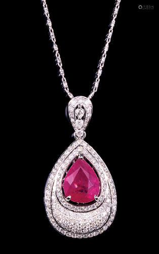 14 kt. White Gold Ruby and Diamond Pendant with 14 kt. White Gold Chain , prong set pear shaped