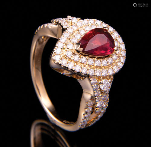 18 kt. Yellow Gold, Ruby and Diamond Ring , prong set pear-shaped faceted ruby, 8.00 x 5.50 x 3.00