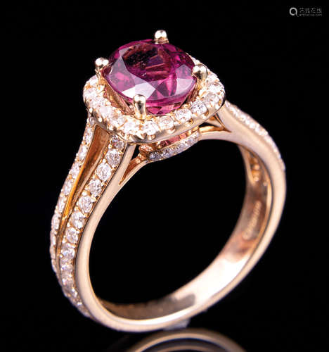 14 kt. Yellow Gold, Rubellite and Diamond Ring , prong set oval mixed cut rubellite, 8.50 x 6.80 x