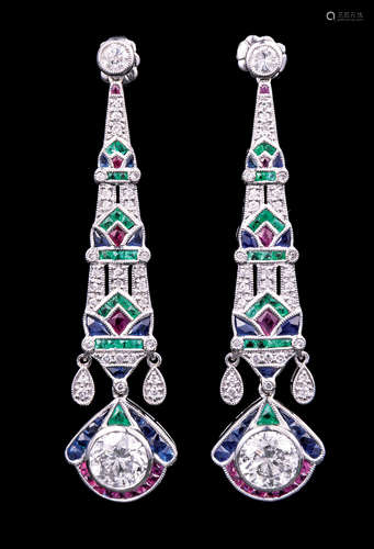 Pair of Art Deco-Style Platinum, Ruby, Sapphire, Emerald and Diamond Dangle Earrings , 2 larger drop