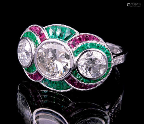 Art Deco-Style Platinum, Diamond, Emerald and Ruby Ring , 3 bezel set round diamonds, exact wt. 1.42