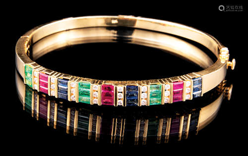 14 kt. Yellow Gold, Emerald, Ruby, Blue Sapphire and Diamond Bangle Bracelet , 9 each channel set,