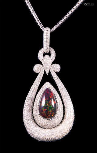 14 kt. White Gold, Black Opal and Diamond Pendant with 14 kt. White Gold Chain , prong set pear