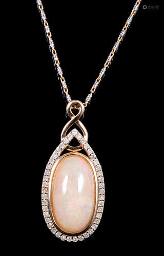 14 kt. Yellow Gold, Opal and Diamond Pendant with 14 kt. Yellow Gold Chain , bezel set oval shaped