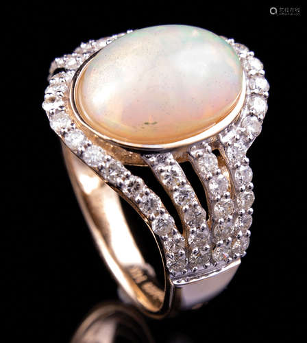 14 kt. Yellow Gold, Opal and Diamond Ring , bezel set oval cabochon opal, wt. approx. 3.02 cts.;