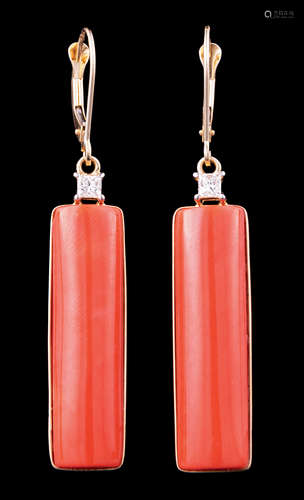 Pair of 14 kt. Yellow Gold, Coral and Diamond Earrings , l. 3 1/2 in