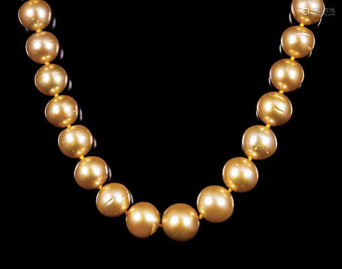 14 kt. Yellow Gold and Graduated Golden South Sea Pearl Necklace , 39 round cultured pearls, 10-13