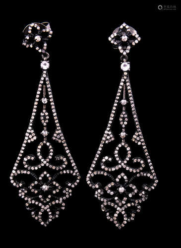 Pair of Vintage Anodized Silver, White Sapphire and Diamond Tear Drop Chandelier Earrings , 2