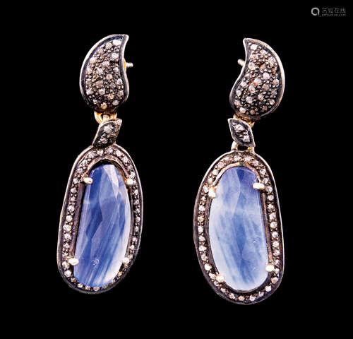 Pair of Silver, Sapphire and Diamond Earrings with Gold Accents , 2 cabochon sapphires, each approx.