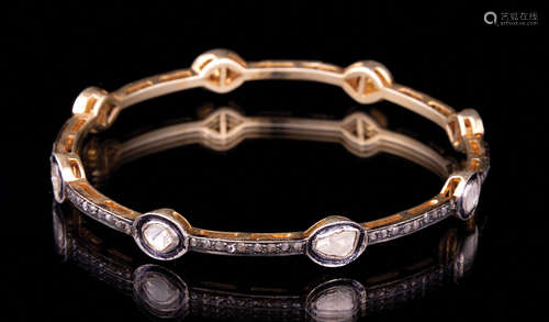 Yellow Gold, Silver and Diamond Bangle Bracelet , 8 diamond tablets, total wt. approx. 0.75 ct.;