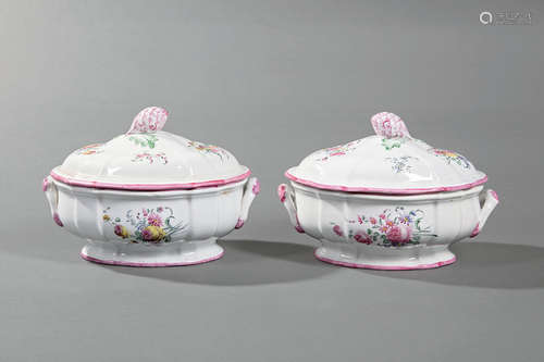 Pair of Luneville Faience Covered Tureens , marked, polychrome floral sprays, puce borders, pinecone