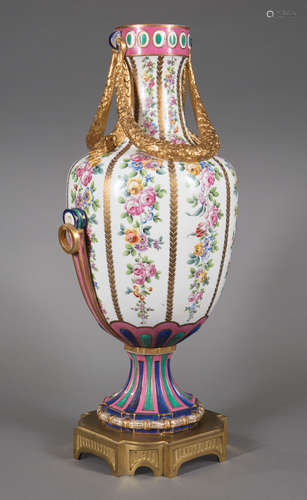 Large Continental Polychrome and Gilt Porcelain Urn , late 19th c., neck with applied foliate