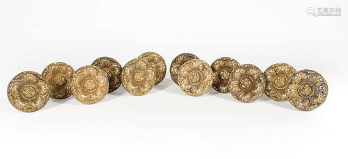 Twelve Antique American Cast Brass Tie Backs , rosette design, dia. 3 1/2 in . Provenance: Schwitz