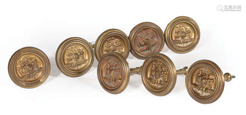 Eight Antique American Brass Tie Backs , foliate design, dia. 2 7/8 in . Provenance: Schwitz