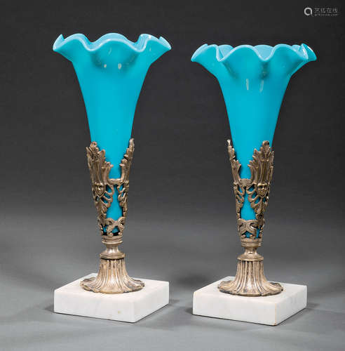 Pair of Victorian Silvered Metal, Marble and Blue Opaline Glass Trumpet Vases , mid-19th c., h. 11