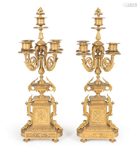 Pair of French Gilt Bronze Five-Light Candelabra , 19th c., in the Renaissance taste, removable