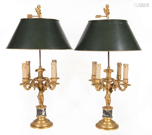 Pair of French Gilt Bronze and Marble Four-Light Figural Bouillotte Lamps , 20th c., cherub-