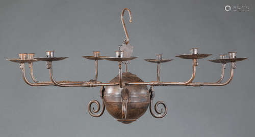 Continental Tole and Wrought Iron Nine-Light Chandelier , 20th c., central sphere, scroll arms, h.