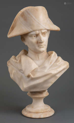 Carved Alabaster Bust of Napoleon , indistinct signature inscribed on truncation, h. 13 1/4 in.,