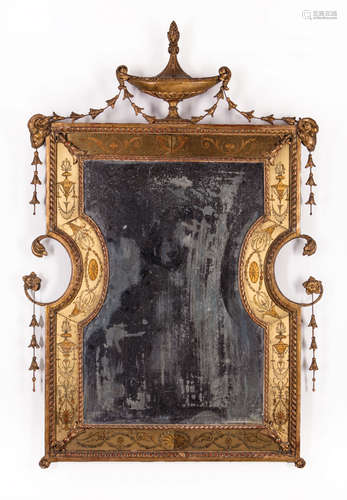 Antique Adam-Style Reverse-Painted and Giltwood Mirror , surmounted by an urn crest, ram's head