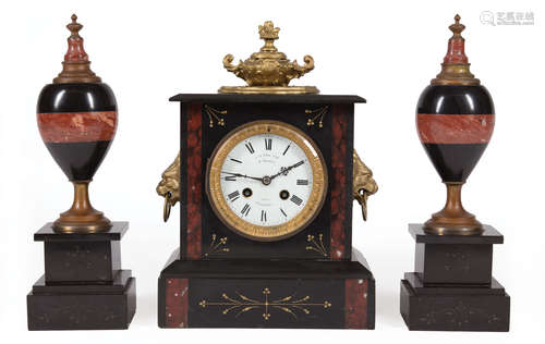 Antique French Inlaid and Gilt-Incised Marble Three-Piece Clock Garniture , late 19th c., dial