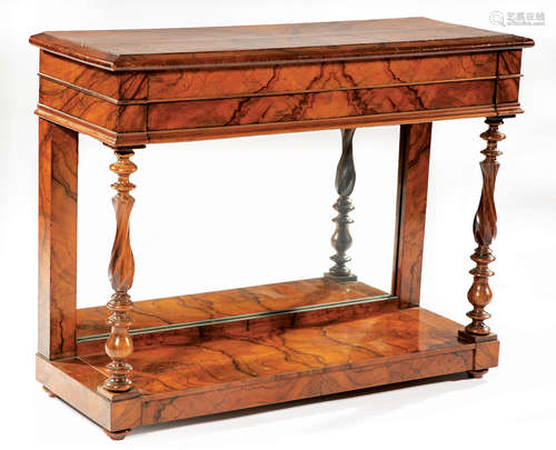 English Figured Walnut Pier Table , late 19th c., rectangular top, mirrored back, molded frieze,