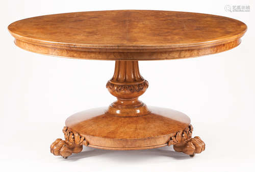 William IV-Style Burl Wood Tilt-Top Breakfast Table , molded circular top, fluted vasiform standard,