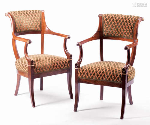 Pair of Directoire-Style Mahogany Fauteuils , back scrolled, padded back, scrolled arms, shaped