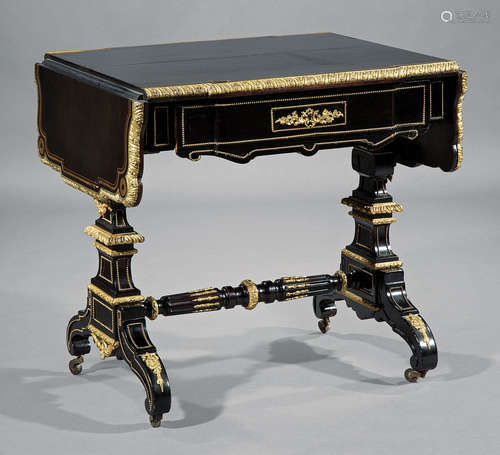 English Bronze-Mounted, Brass Inlaid and Ebonized Sofa Table , late 19th c., serpentine drop-leaf