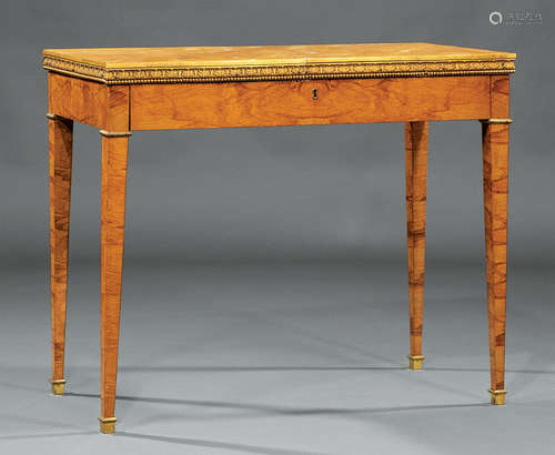 Continental Bronze-Mounted Elm Console Table , 19th c., Sienna marble top, frieze drawer, tapered