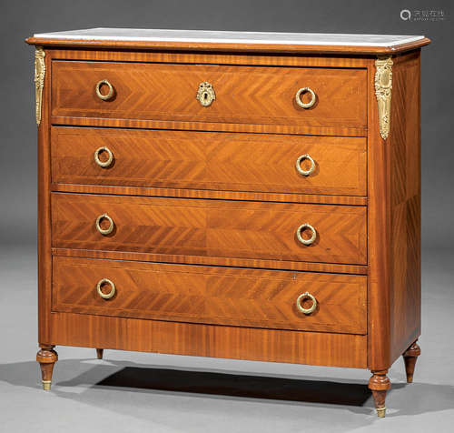 Antique Continental Neoclassical-Style Kingwood Parquetry Commode , inset marble top, 4 drawers,