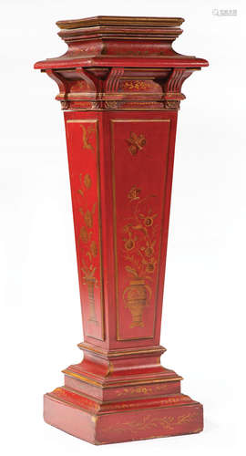 Continental Chinoiserie-Painted Pedestal , molded rotating top, reverse tapered standard, shaped