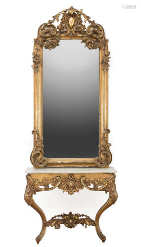 French Rococo Giltwood Pier Mirror and Console Table , mid-19th c., rocaille and cabochon crest with