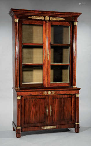 Antique Empire-Style Bronze-Mounted Mahogany Bibliotheque , mid-19th c., molded cornice above