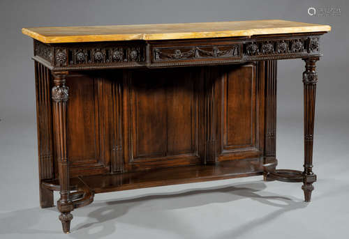 Pair of Louis XVI-Style Carved Walnut Console Tables , sienna marble top, floral reticulated frieze,