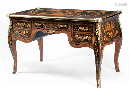 Louis XV-Style Bronze-Mounted and Marquetry Bureau Plat , molded top, frieze drawer flanked by two