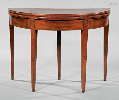 Louis XVI-Style Mahogany Demilune Games Table , foldover top, tapered legs ending in wooden ball