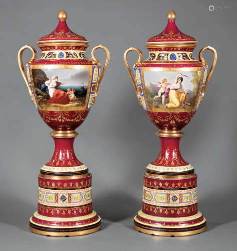 Pair of Large Continental Polychrome and Gilt-Decorated Covered Urns in the Style of Royal