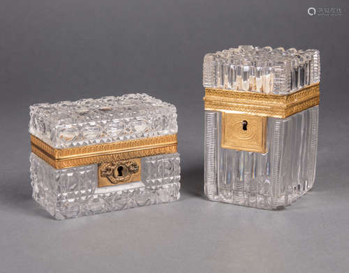 Two Antique French Bronze-Mounted Cut Crystal Boxes , 19th c., taller h. 4 1/2 in., w. 2 3/4 in., d.