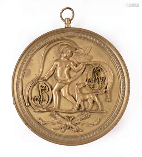 Antique Continental Bronze Marriage Plaque , decorated with winged putti and monograms, dia. 6 1/2