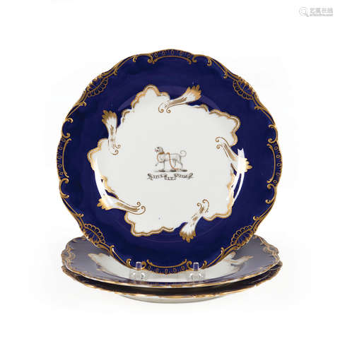 Three English Armorial Porcelain Dishes , 19th c., two with retailer's mark 