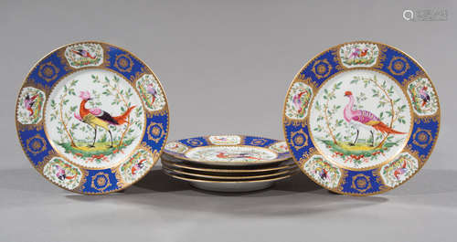 Six Chelsea-Style Polychrome and Gilt Porcelain Cabinet Plates , gold anchor mark, reserves and rims