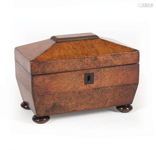 English Burlwood Sarcophagus-Form Tea Caddy , 19th c., with two lidded compartments, pad feet, h.