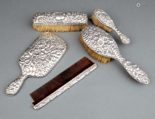 Antique American Sterling Silver Floral Repousse Dresser Set , associated, incl. hand mirror (mark