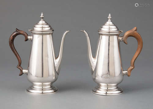 Near Pair of American Sterling Silver Miniature Coffee Pots in the Early Georgian Taste , one