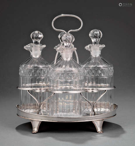 George III Sheffield Plate Cruet Stand , late 18th c., oval stand with reeded handle, bottle