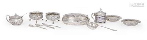 Good Group of Small Sterling Silver Objects , incl. neoclassical-style chased dresser box, pair of