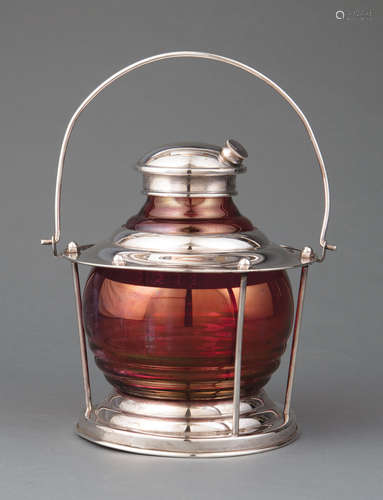 Silverplate and Cranberry Glass Lantern-Form Cocktail Shaker , c. 1950