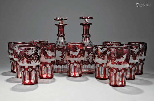 Set of Eleven Bohemian Ruby Cut-to-Clear Glass Tumblers , decorated with deer in forest scenes, h. 5