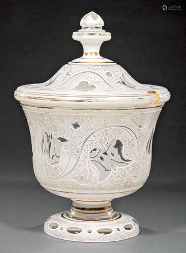 Antique Bohemian White Cut-to-Clear Glass Covered Punch Bowl , 19th c., gilt decoration, h. 15